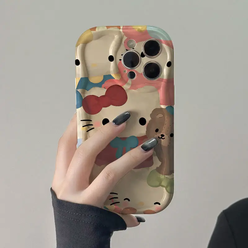 Funda de teléfono bonita de Hello Kitty para iPhone 16 15 14 13 12 11 Pro Max Mini X XR XSMAX 8 7 6S Plus 3D Wave suave TPU contraportada - imagen 4