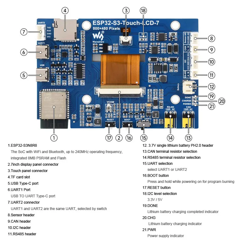 ESP32 S3 táctil LCD pantalla capacitiva de 7 pulgadas 800 × 480 Placa de desarrollo Xtensa LX7 WiFi BT5 CAN RS485 Sensor HMI LVGL GUI - imagen 5