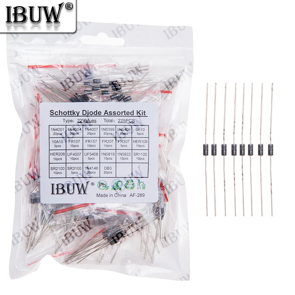 225 Uds 22 valores Kit surtido de diodos Schottky 1N4001 1N5819 1N4007 1N4148 DB3 6A10 10A10 para KIT de rectificación electrónica 1N5822 - imagen 2