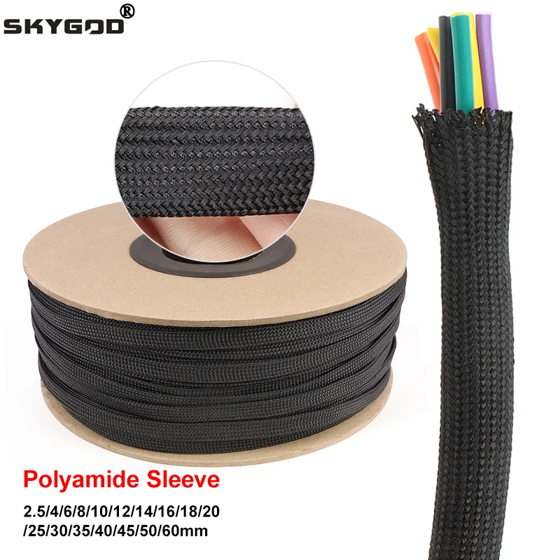 Funda aislante trenzada de nailon de alta densidad, protección de cable negra de 2,5mm - 60mm, funda expandible de poliamida, 1 ~ 30m