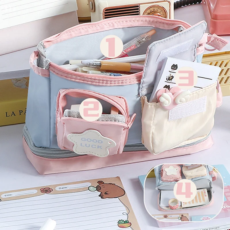 Estuche para lápices Kawaii con bloques de color dopamina, bolsa organizadora de maquillaje estilo Ins de gran capacidad con múltiples compartimentos - imagen 3