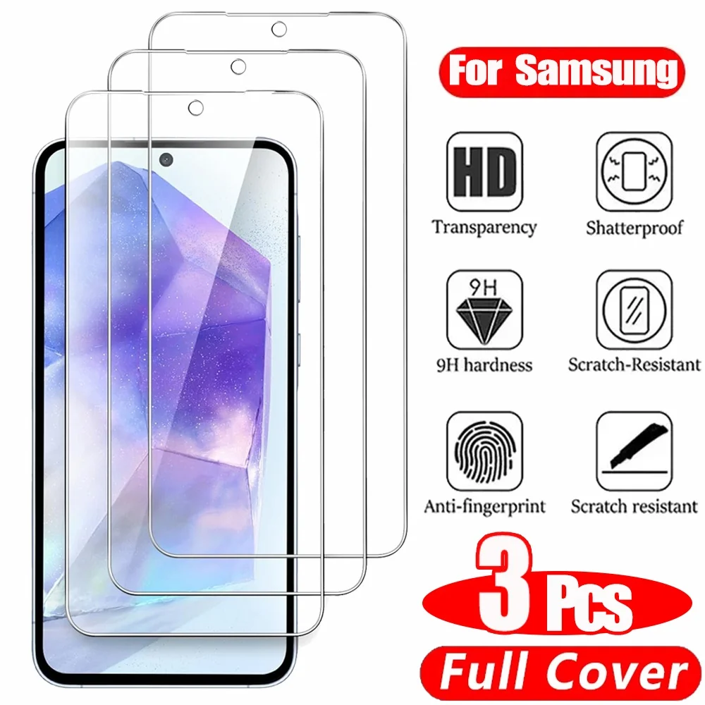 3 unidades HD Cristal templado para Samsung A17 A27 A37 A57 A16 A26 A36 A56 A55 A53 A54 A35 A25 A15 Protector de pantalla Samsung Galaxy S26 S25 S24 Ultra Screen Protector Glass S24 FE S23 S22 S21 Plus