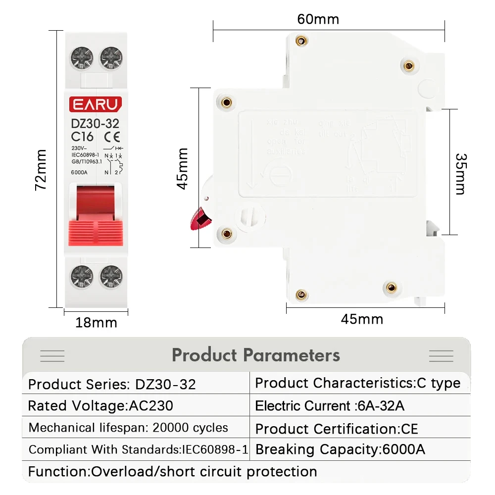 DPN 1P + N AC 230V Mini disyuntor MCB 6A 10A 16A 20A 25A 32A montaje en carril Din recorte miniatura interruptor de aire doméstico OEM DIY - imagen 2