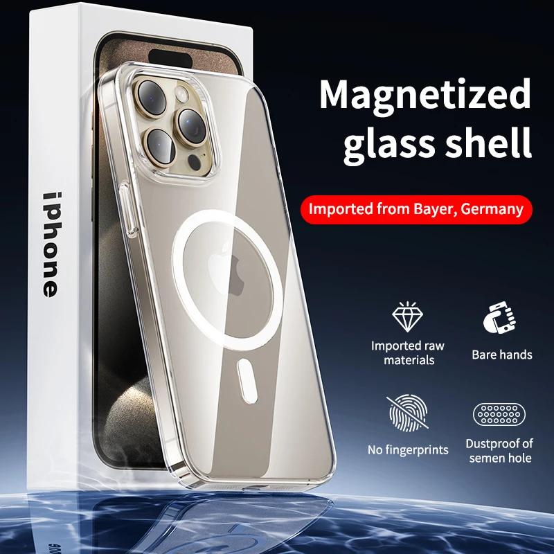 Funda de carga inalámbrica Magsafe de vidrio templado transparente para iPhone 15 14 Pro Max 15 14 Plus, funda dura de parachoques para PC sin amarillento - imagen 2