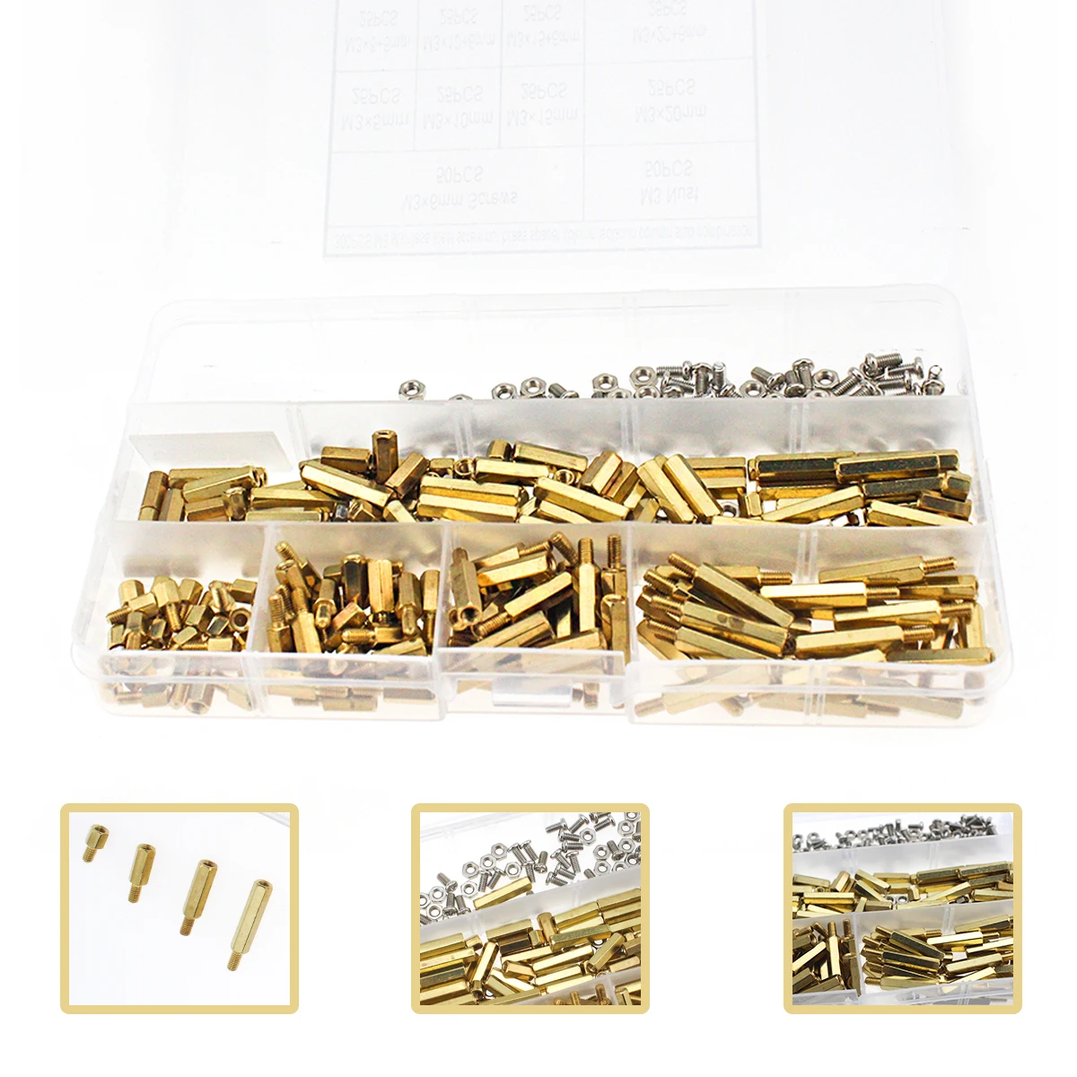 Tuerca de tornillo de acero inoxidable M3, columna espaciadora de latón, columna de aislamiento, combinación de pernos, 10 especificaciones con caja, 300 piezas - imagen 4