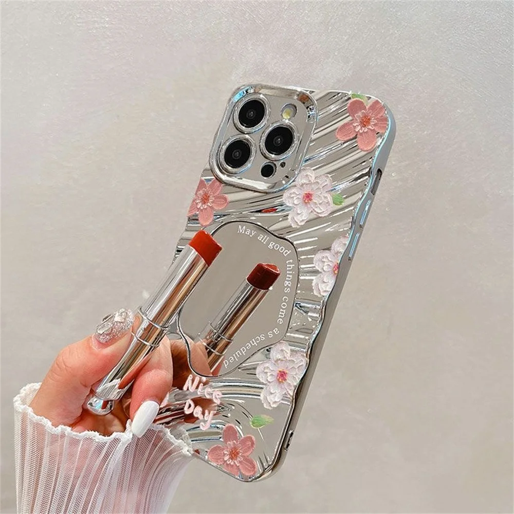 Funda de teléfono con espejo de maquillaje de flores de lujo para iPhone 13 11 15 14 16 Pro Max 12 16promax 15promax 14promax Funda a prueba de golpes - imagen 3