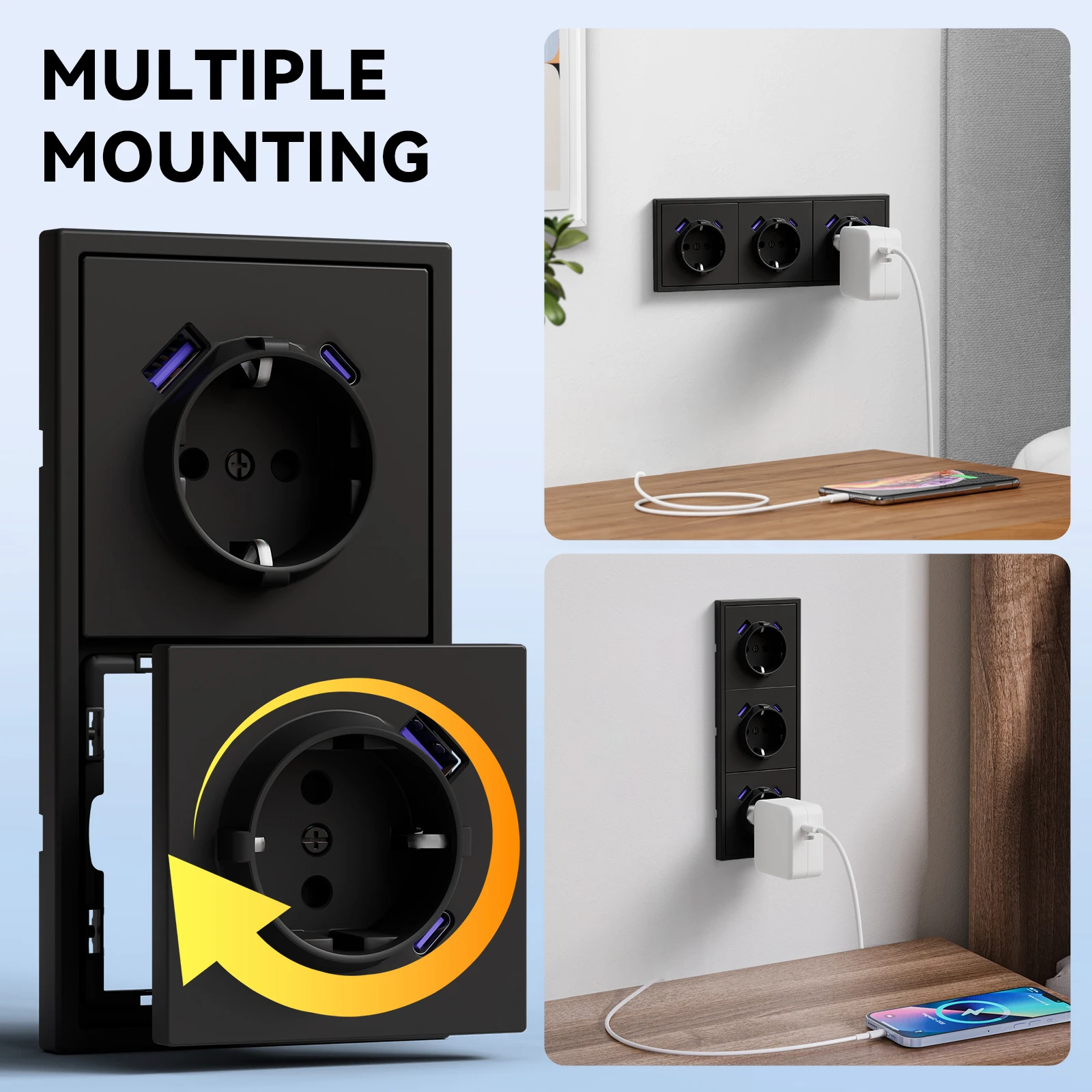 BSEED-enchufes de pared individuales de la UE, tomas de corriente dobles, triples enchufes integrados para el hogar con puertos USBC de 20W, Panel de PC de carga rápida - imagen 3