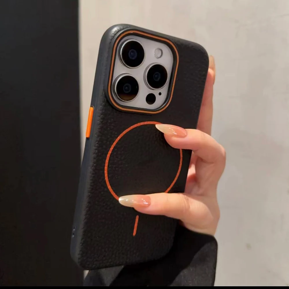 Lychee-fundas de teléfono blandas de cuero magnético para iPhone 16, 15, 14, 13, 12, 11 Pro Max Plus, cubierta de parachoques de carga inalámbrica Magsafe - imagen 2