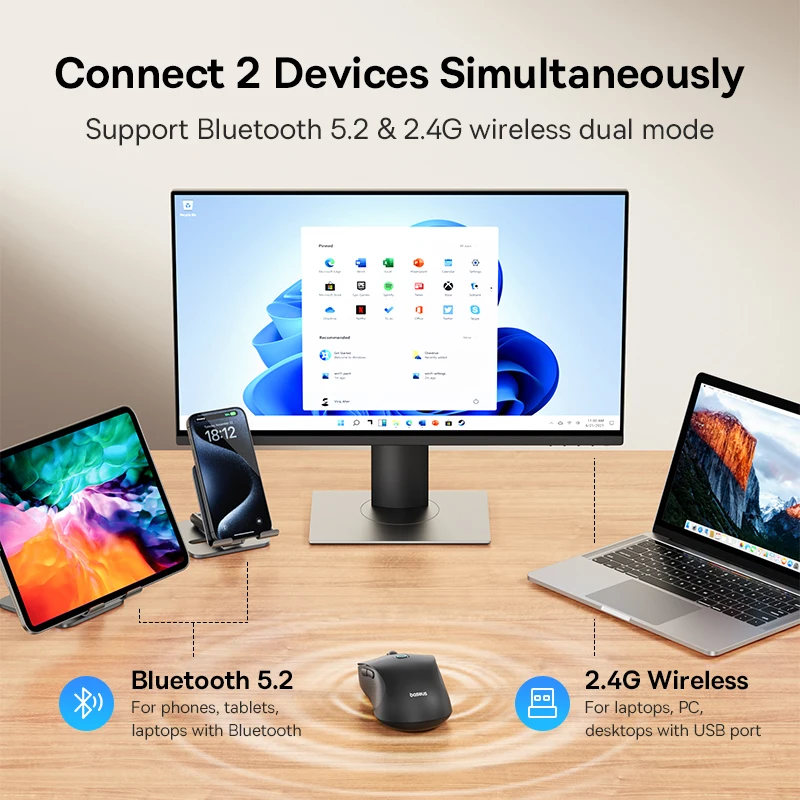 Baseus F02 - Ratón Inalámbrico Bluetooth 5.2 4000 DPI Ergonómico