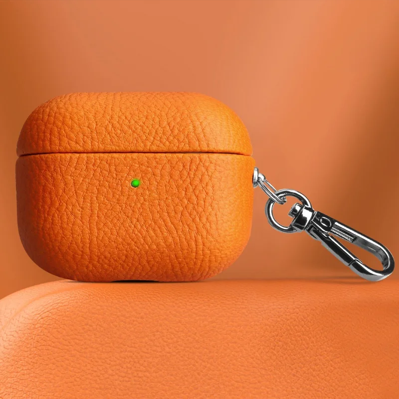 Funda de cuero genuino para AirPods Pro 3, funda AirPods Pro 2 Airpods 4 Airpods 3, funda de piel de vaca con patrón de lichi y hebilla