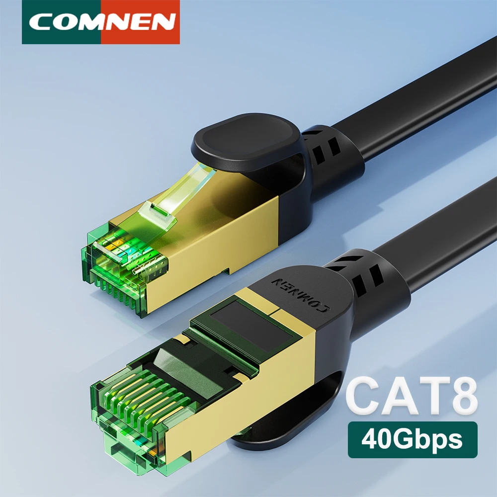 COMNEN nuevo Cable Ethernet plano Cat8 de 40Gbps, red de doble escudo de Internet de alta velocidad de 2000MHz para jugadores de enrutador de PC PS5
