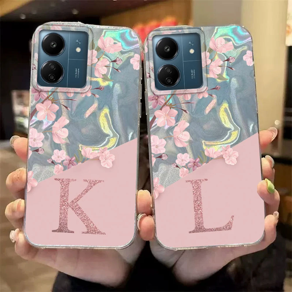 Funda con letra inicial A Z para Xiaomi Redmi 13C 14C A3 A3X A5 Poco C71 C75 C65 C61 funda trasera de silicona con flores rosas - imagen 2