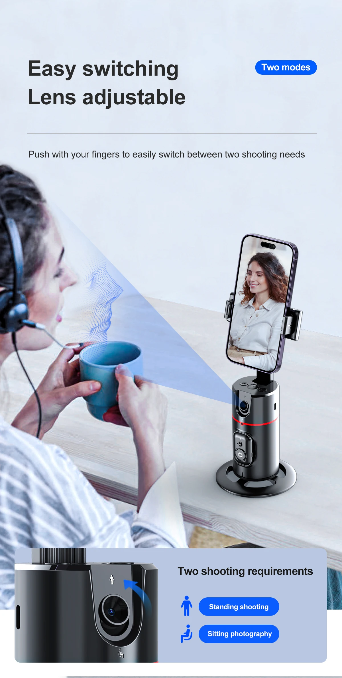 Estabilizador de cardán para teléfono inteligente, seguimiento facial automático en vivo, soporte para selfies de escritorio, rotación de 360 grados, control remoto de obturador, lente ajustable con gestos inteligent - imagen 4