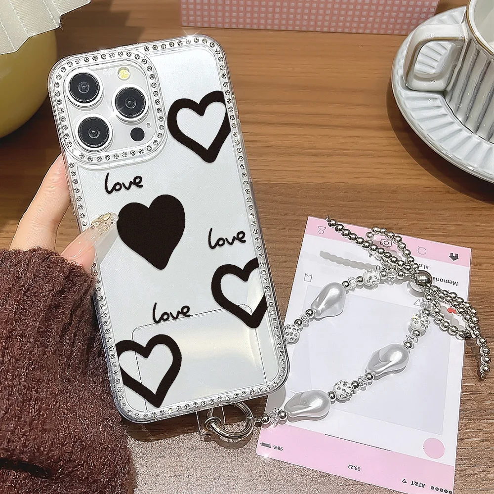 Funda de teléfono Diamond Love Heart para iPhone 17 Pro Max 15 16 11 13 14 12 Air transparente a prueba de golpes Funda parachoques con cordón - imagen 2