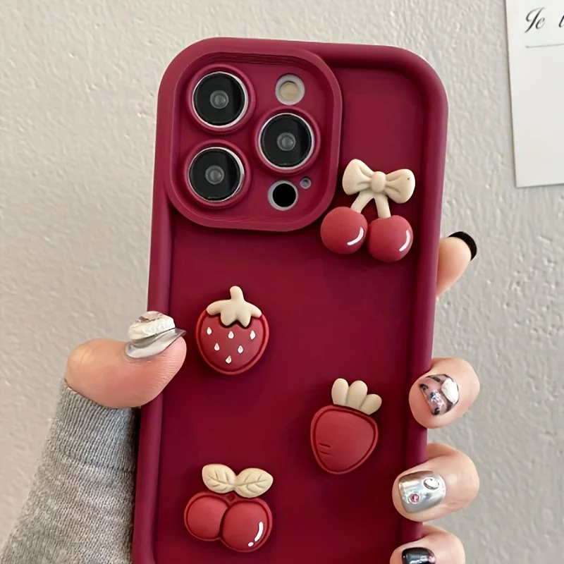 Funda de teléfono coreana encantadora 3D fresa roja cereza para iPhone 17 16 15 14 13 12 11 Pro Max 16E 17Air X XR XS 7 8 Plus funda suave - imagen 4