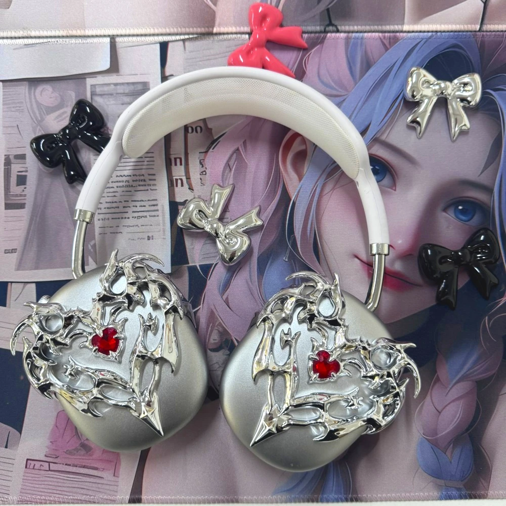 Funda para Airpods Max Y2K Love Crystal Bow resina plata funda para auriculares decoración Airpods Max accesorio accesorios para auriculares - imagen 4