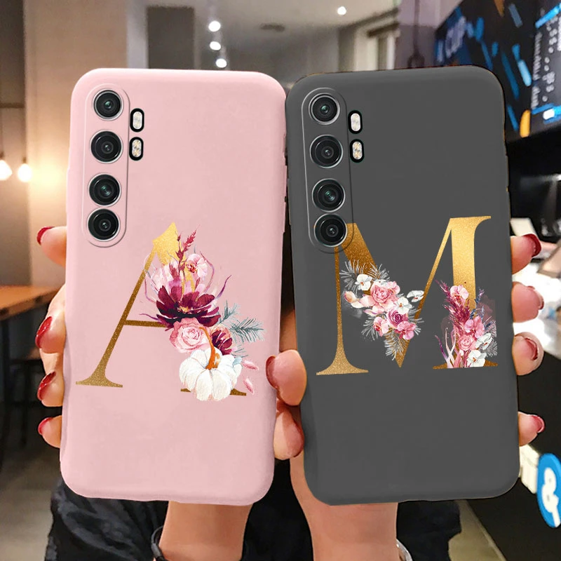 Funda con letras para Xiaomi Mi Note 10 Lite, cubierta trasera Retro con flores, rosa, negro, suave, funda con iniciales de TPU para Xiaomi Note 10 Lite Coque