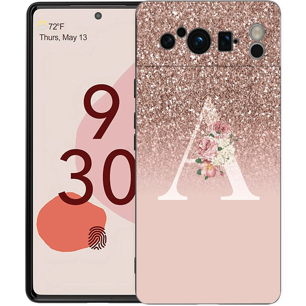 Funda de teléfono con letras rosas brillantes M R para Google Pixel 9 8 7 6 Pro XL 8A 6A 7A 5G, funda negra de TPU suave a prueba de golpes - imagen 3