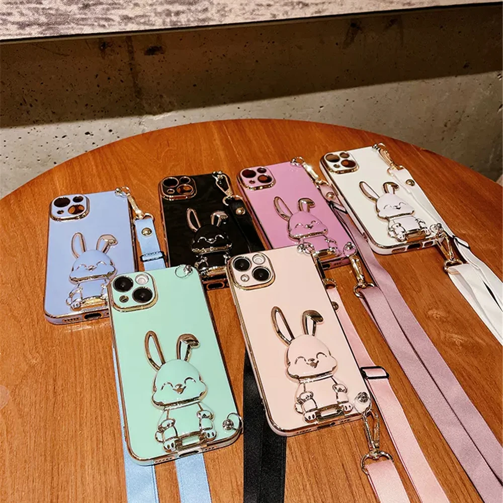 Funda de teléfono con correa de cordón cruzado para Xiaomi Redmi Note 11 11S 10 9 8 Pro 10S 9S 10A 10C 9A funda de silicona con soporte de conejo bonito - imagen 3