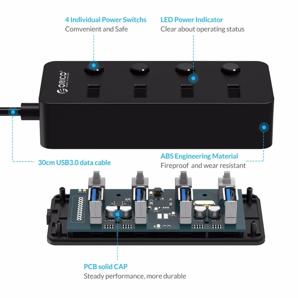 ORICO USB 3,0 Hub Splitter 4 puertos USB HUB con interruptores de alimentación individuales Multi USB divisor OTG adaptador para accesorios de ordenador portátil - imagen 3