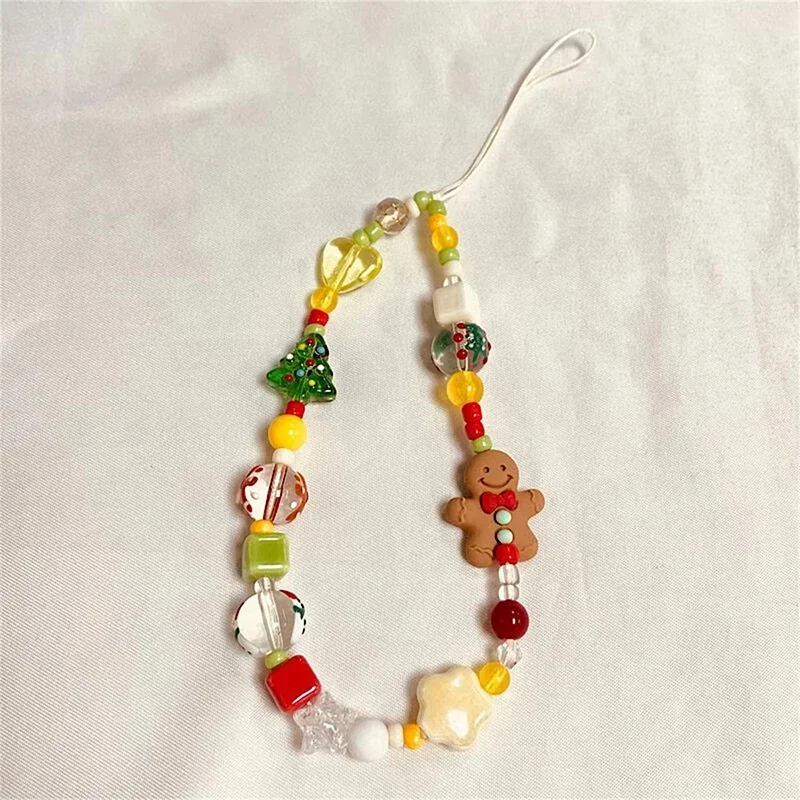 Coreano encantador 3D Navidad hombre de jengibre con cuentas teléfono acrílico colgante llavero para IPhone chica Anti-Pérdida cadena colgante joyería - imagen 4