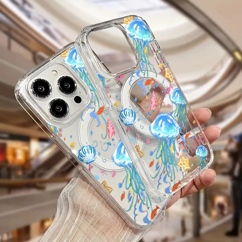 Funda transparente con carga inalámbrica MagSafe para Samsung Galaxy S25 S24 S23 S22 Ultra Plus S21 FE, bonita funda con patrón de peces y medusas - imagen 2