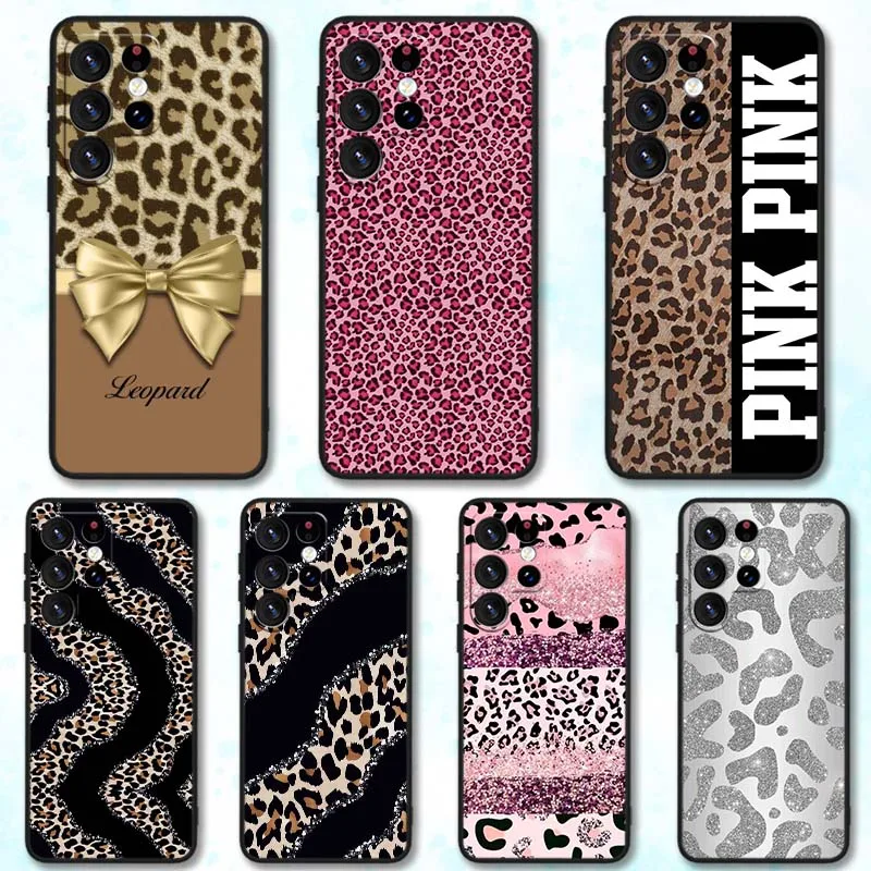 Patrón de estampado de leopardo para Samsung Galaxy S25 S24 S23 S22 S21 S20 S10 S9 S8 FE Lite Ultra Plus 5G funda de teléfono negra