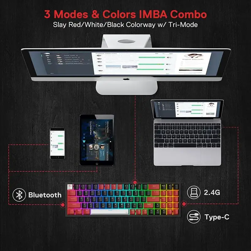 Redragon K628 PRO 75% 3 modos Bluetooth 2,4 Ghz inalámbrico RGB USB LED teclado para juegos 78 teclas intercambiables en caliente compacto mecánico - imagen 5
