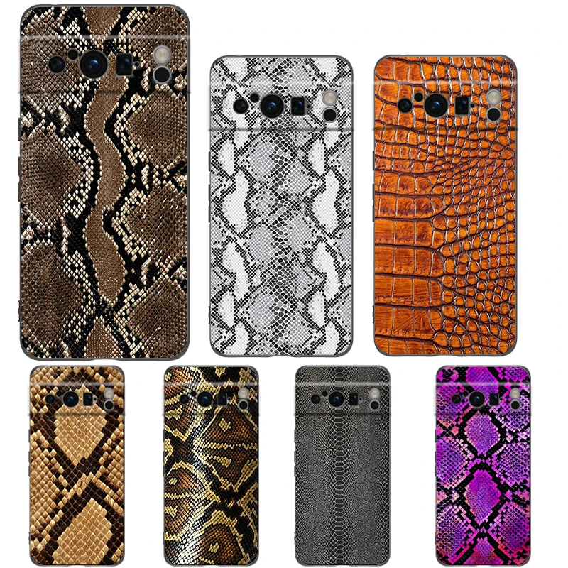 Funda de teléfono de piel de serpiente de lujo para Google Pixel 8, 7, 6 Pro, 6A, 7A, 5G, silicona suave a prueba de golpes, TPU, funda negra