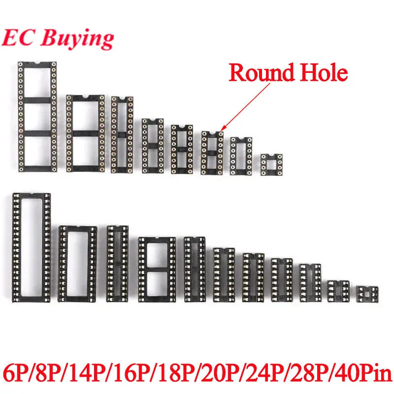 5-10 Uds IC enchufe redondo agujero cuadrado DIP 6 8 14 16 18 20 24 28 40 Pin conector IC asiento estrecho ancho 6P/8P/14P/16P/18P/20P/24P/28P