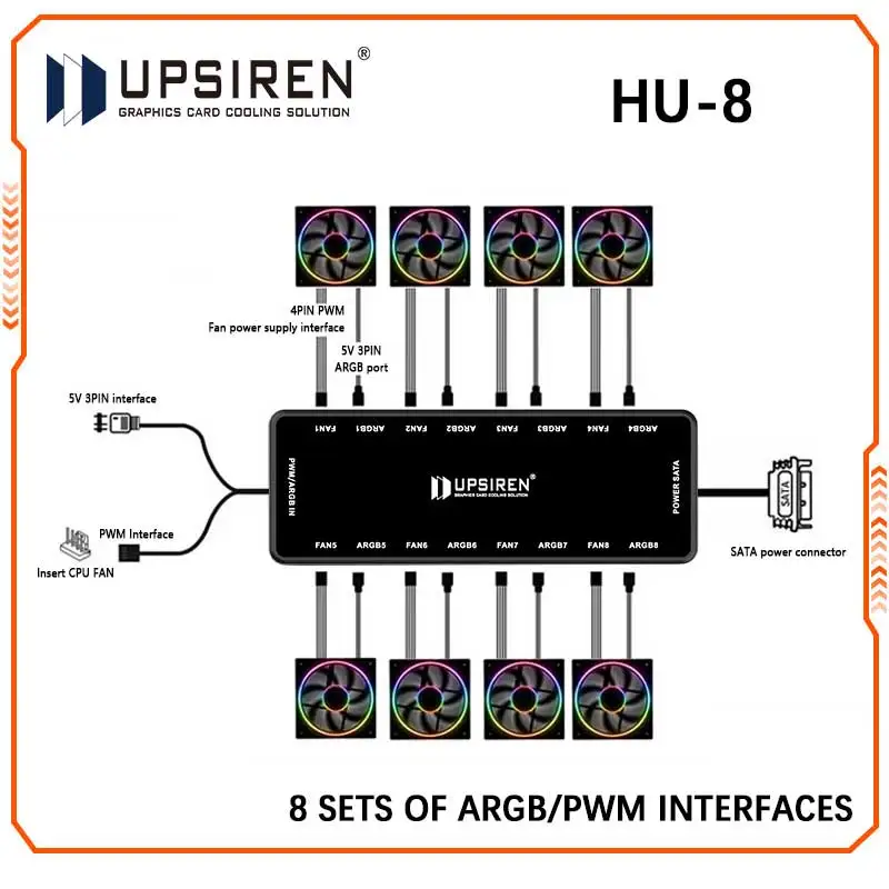 UPSIREN HU-8 Hub de ventilador de chasis, 8 juegos de interfaces ARGB y PWM, diseño magnético inferior, admite sincronización de la placa base