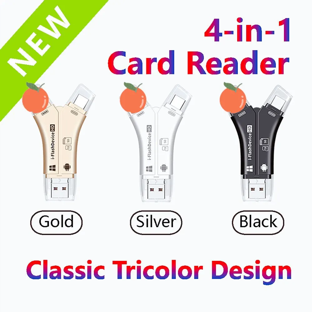 Lector de tarjetas multiinterfaz USB2.0 + Micro + tipo c + Lightning 4 en 1 para tarjeta SD/TF para teléfono Android iPad I-flash device