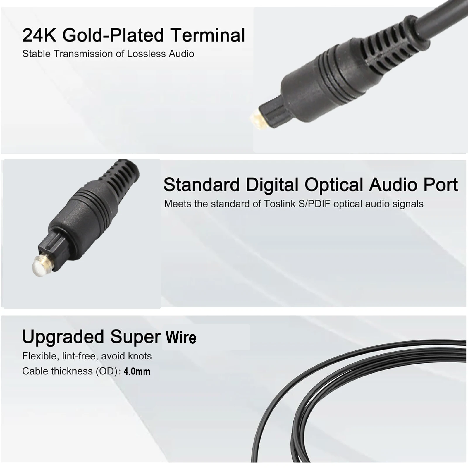 Cable de audio óptico digital Toslink para sistema de audio, barra de sonido, amplificador, cine en casa, conector chapado en oro, hasta 15 m negro - imagen 3