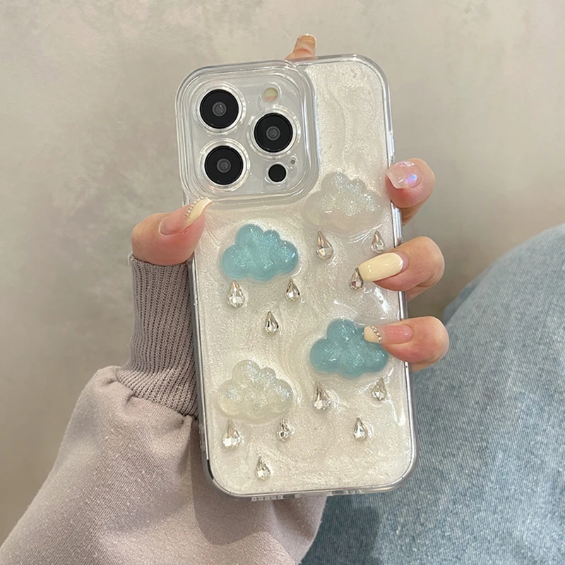 Funda de teléfono con gotas de lluvia y nubes 3D para iPhone 17 Air 16 15 14 Plus 13 11 12 Pro Max, funda protectora de silicona con purpurina suave - imagen 3