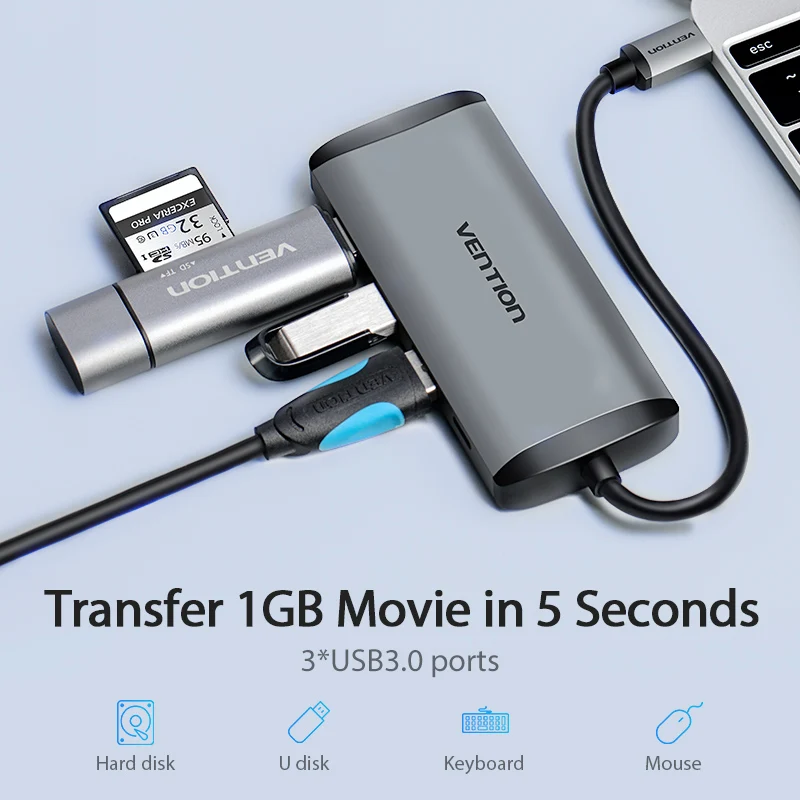 Vention 5 en 1 USB C Hub 4K HDMI USB 3,0 HUB PD adaptador multipuerto para MacBook Pro/Huawei Mate 60/iPad Pro divisor USB HUB - imagen 2