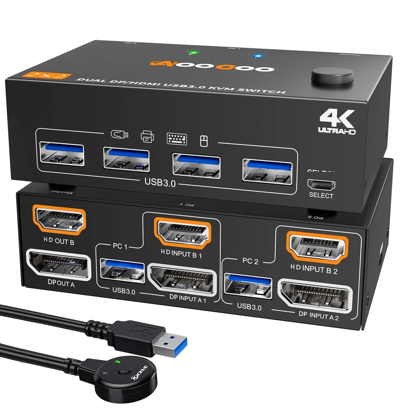 Conmutador KVM 4K HDMI Displayport 2 monitores 2 PC, conmutador KVM 4K @ 60Hz/2K @ 120Hz con puerto USB 3,0, control remoto con cable y Cables USB3.0