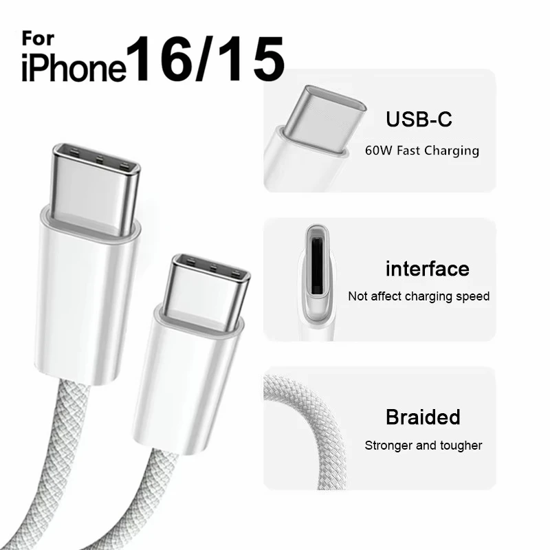 Cable de 60W PD USB-C a tipo C para iPhone 15 Plus 16 Pro Max 16e Samsung Xiaomi Redmi POCO Huawei Cable de datos trenzado de carga rápida - imagen 3