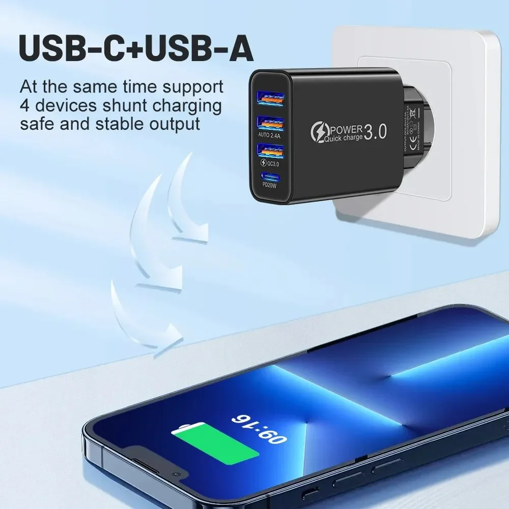 Total 60W USB C cargador Multi 4 puertos 3USB PD tipo C carga rápida carga rápida Universal adaptador de corriente de pared de viaje - imagen 2
