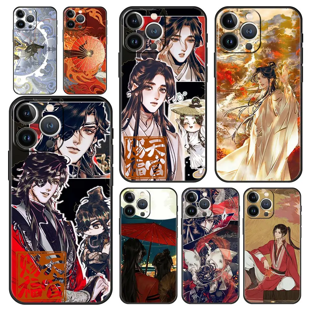 Luxury Phone Case For Apple iPhone 11 15 14 Pro MAX 12 13 7 8 Plus X XR XS MAX SE Silicone Black Cover Funda Tian Guan Ci Fu