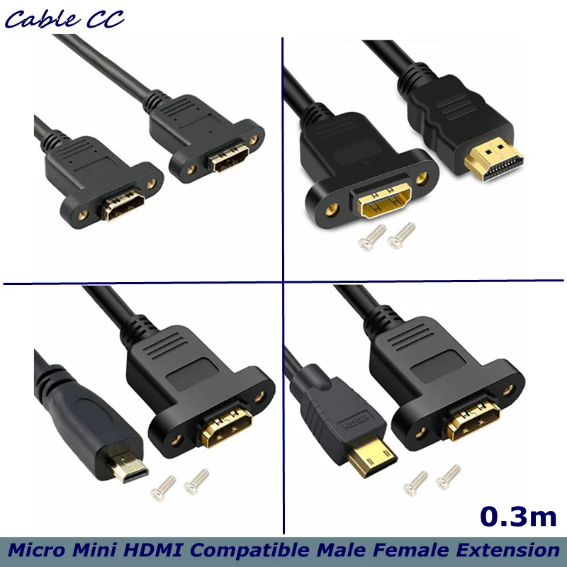 Conector de extensión hembra Compatible con Micro HDMI, 30cm, macho a Mini HDMI, bloqueo de tornillo, montaje en Panel, Cable de cámara HD AV