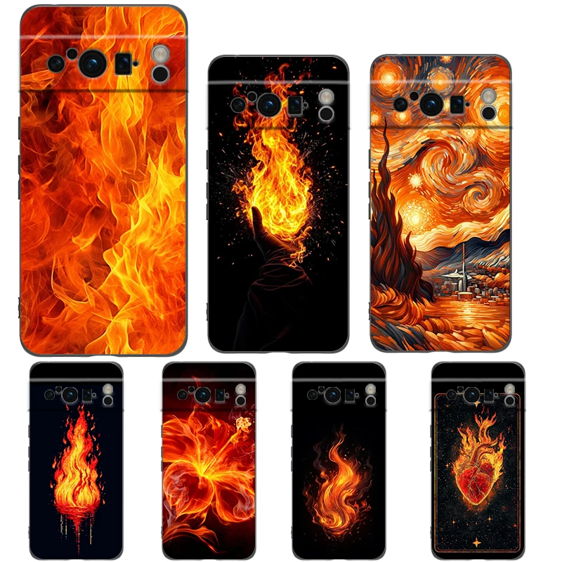 Funda de teléfono con patrón de llama para Google Pixel 10 9 8 7 6 Pro XL 9A 8A 6A 7A 5G, funda negra de TPU suave a prueba de golpes