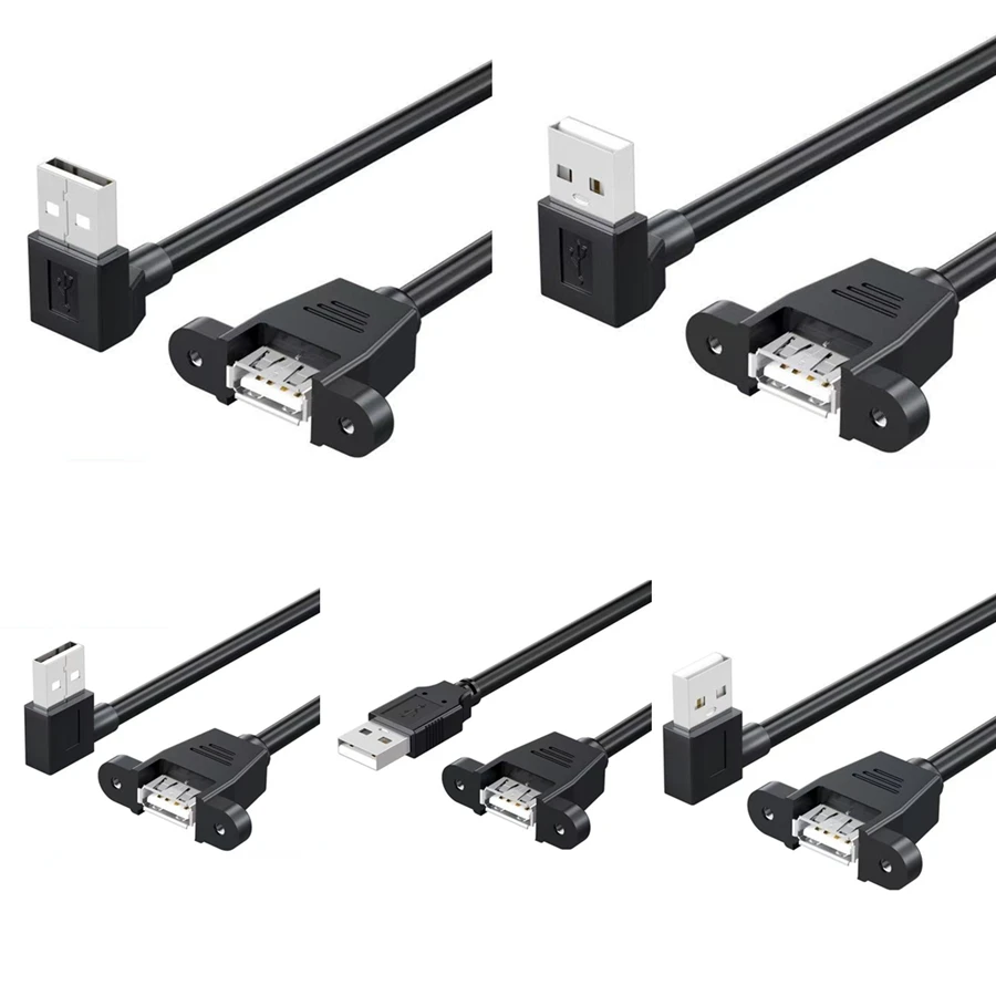 Cable mini USB 2,0 de extensión macho a hembra, ángulo recto, 90 grados, con orificio para tornillo de montaje en panel, cable de extensión para ordenador