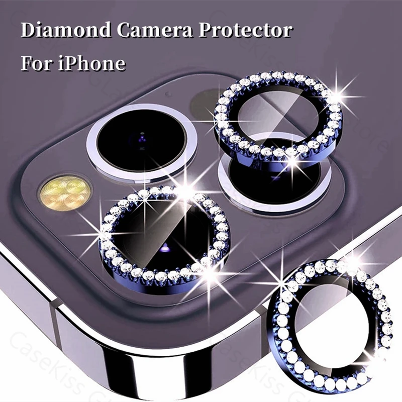 Protector de cámara de diamante para IPhone 16 17 15 Pro Max 12 Pro, funda de lente con anillos metálicos de vidrio templado para 12 Mini 14plus - imagen 2