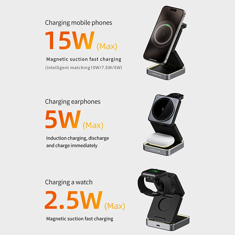 CABLETIME Soporte de cargador inalámbrico magnético plegable 3 en 1 para iwatch Airpods iPhone 16/15/14 Samsung S23 S22 S21 Galaxy Watch - imagen 5