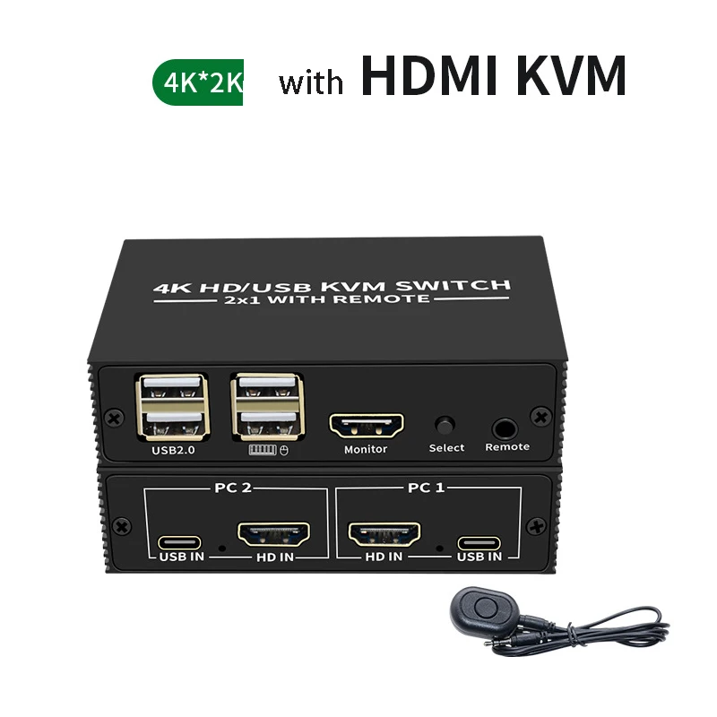 Conmutador KVM con interruptor HDMI Estación de acoplamiento USB2.0 HUB 4 dispositivos USB Teclado Ratón Impresora Compartir 2 computadoras