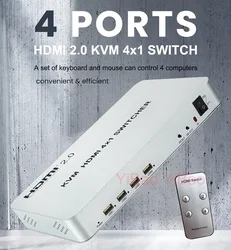 Conmutador KVM HDMI 4K 60 Hz 4x1 con USB para teclado y ratón