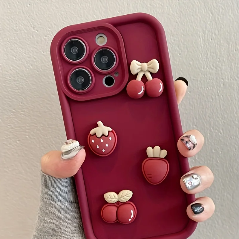 Funda de teléfono coreana encantadora 3D fresa roja cereza para iPhone 17 16 15 14 13 12 11 Pro Max 16E 17Air X XR XS 7 8 Plus funda suave - imagen 2