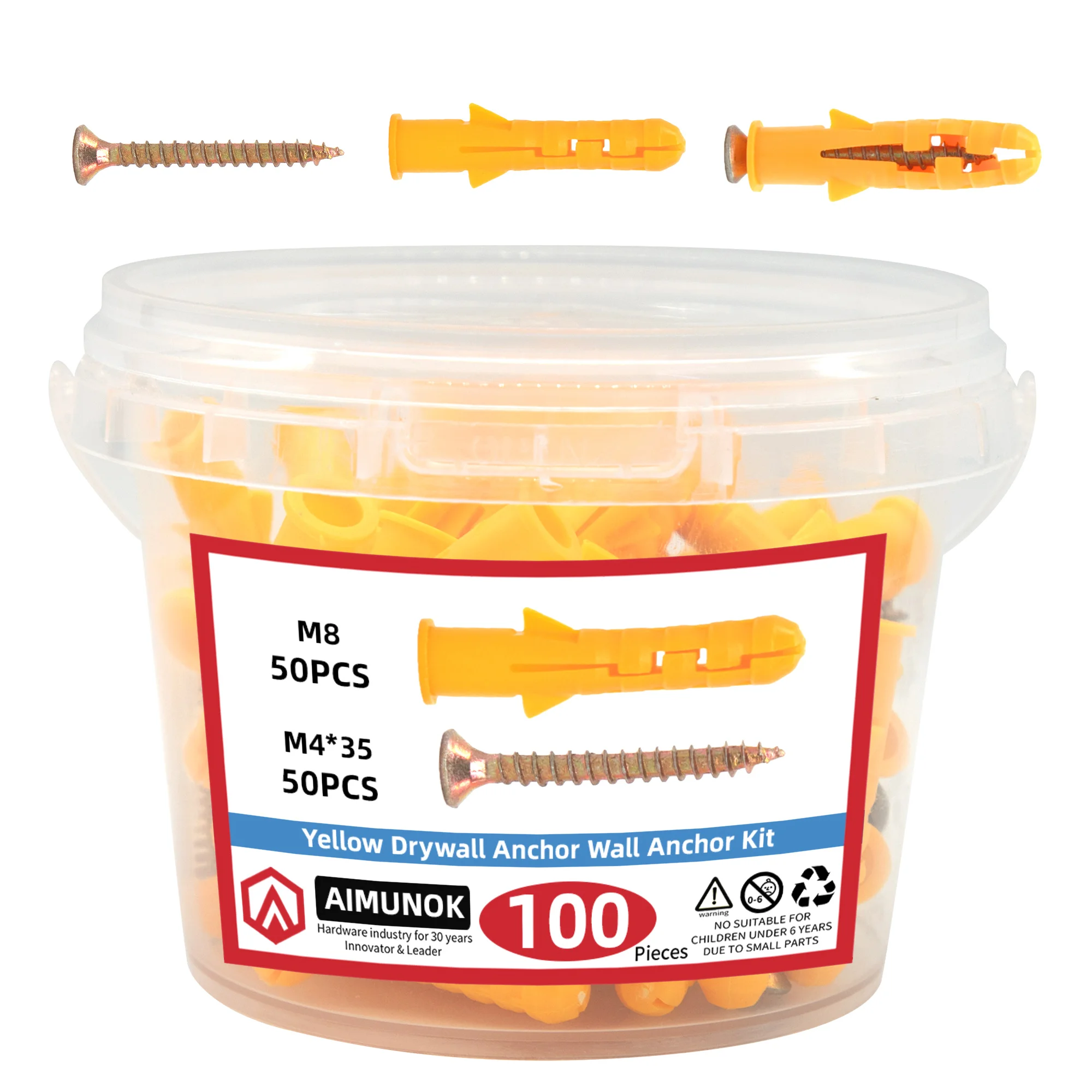 Kit de tornillos y anclaje para paneles de yeso de 100 piezas, paquete de 50 anclas de pared de 1/4 x 1-1/2 pulgadas con tornillos, azul, anclaje de plástico para paneles de yeso/cemento,