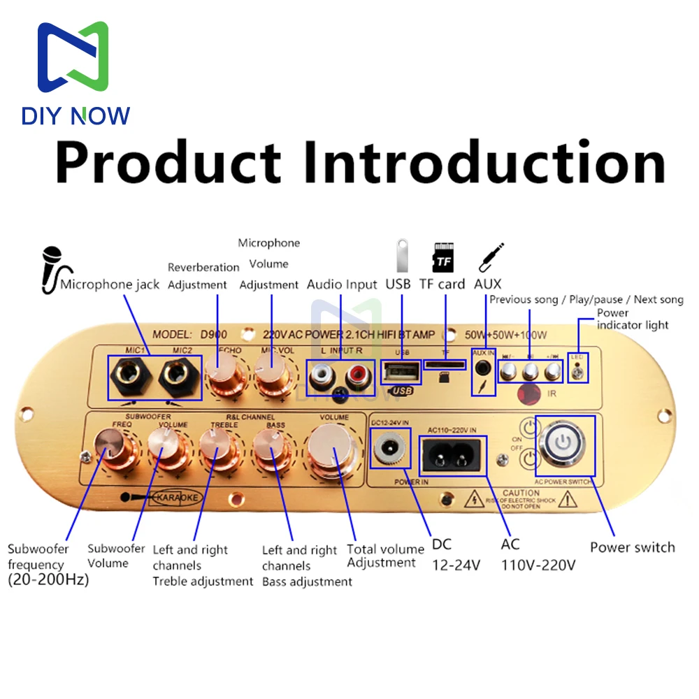 Placa amplificadora D900 con Panel de aleación de aluminio cepillado 50W + 50W + 100W salida de alta potencia compatible con AUX, micrófono, FM, USB, tarjeta TF - imagen 4