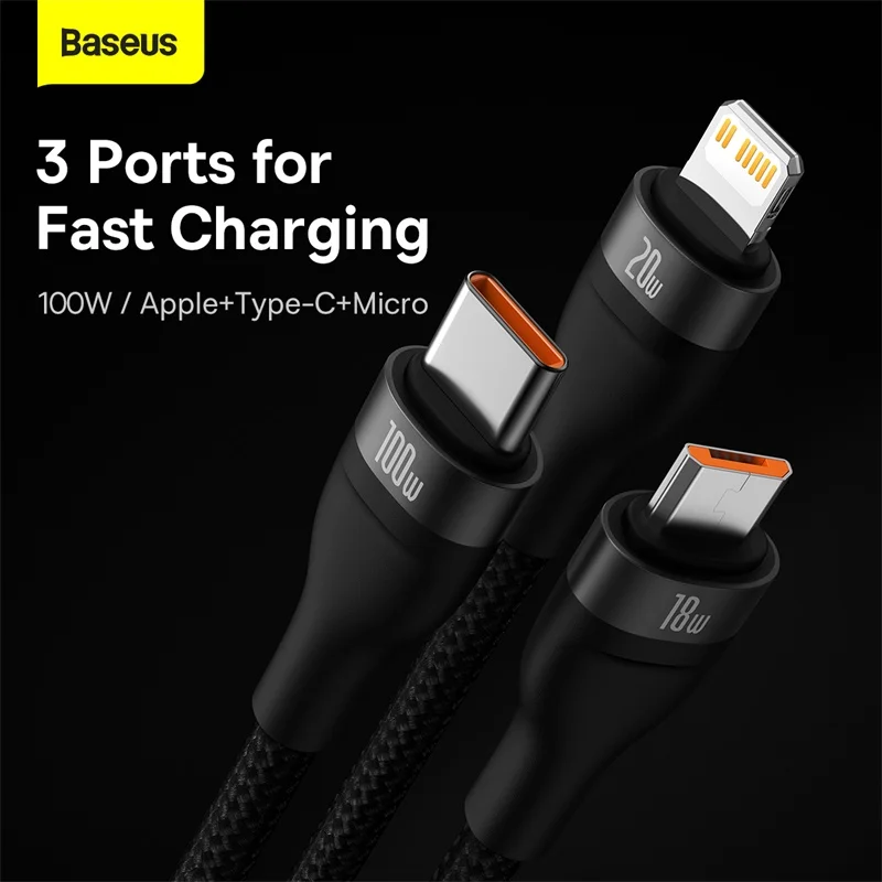 Baseus-Cable Micro USB tipo C 3 en 1 para móvil, Cable de carga rápida de 100W, compatible con Xiaomi Poco X3, Redmi, Huawei PD, iPhone 12, 11 Pro Max - imagen 2